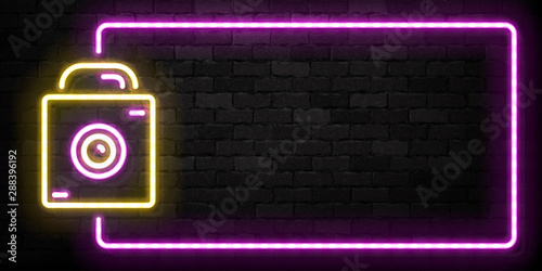 Vector realistic isolated neon sign of Camera frame logo for template decoration on the wall background. Concept of photographer profession, cinema studio and creative process.