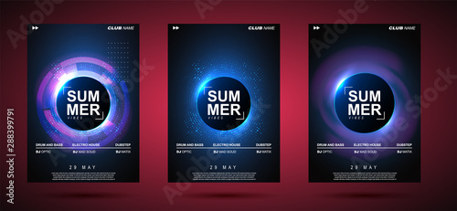 Electronic music abstract background blue. Party poster design showing sound waves. Music background. Circle frame for text.