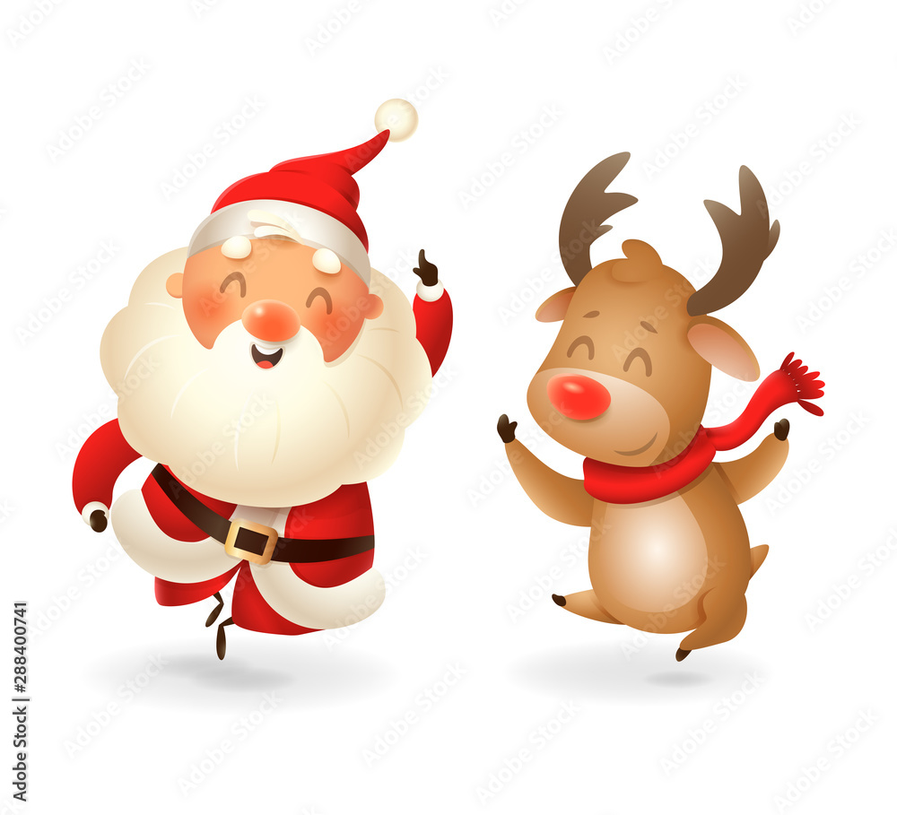 Santa Claus and Reindeer - happy expression - point finger up - vector illustration isolated on transparent background Santa Claus and Reindeer - happy expression - point finger up - vector illustration isolated on transparent background
