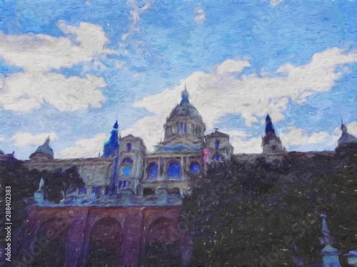 Digital oil painting on canvas old european architecture view. Historical touristic place and buildings. Modern impressionism art. Artistic bush strokes artwork of europe travel. Postcard design print