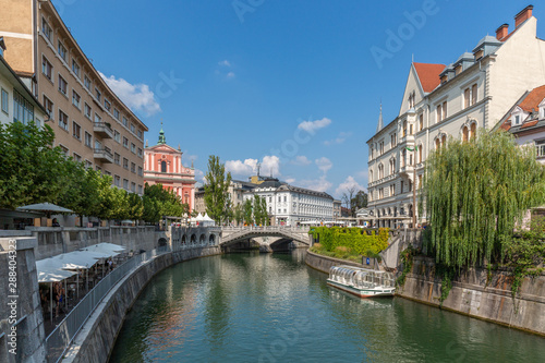 The famous "Triple Bridge" on the river located in the center of Ljubljana, the capital city of Slovenia 08.2019