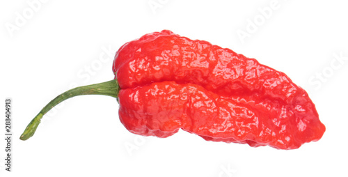 Fresh red chili pepper (Capsicum chinense) close-up isolated on white background