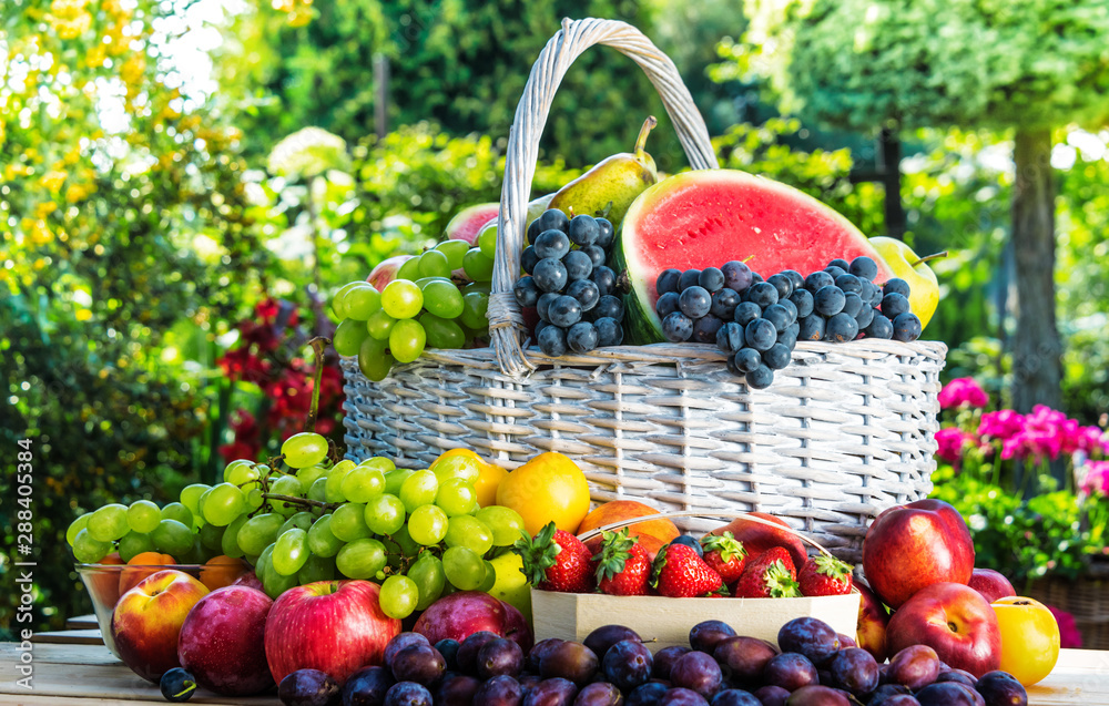 Fototapeta premium Różnorodność świeżych dojrzałych owoców w ogrodzie.