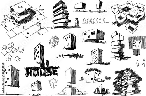 many hand drawn architectectural sketches of a modern abstract architecture nad geometric objects and urban ideas and drafts and bank building