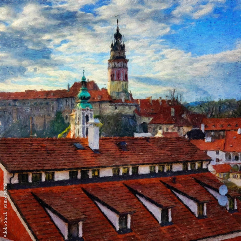 Digital oil painting on canvas old european architecture view. Historical touristic place and buildings. Modern impressionism art. Artistic bush strokes artwork of europe travel. Postcard design print