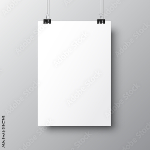 Blank posters hanging with shadows. Hanging white paper on binders. A4 paper page, mockup, sheet on wall - vector