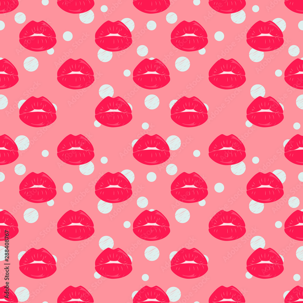pink lips pattern in cartoon style on dots background