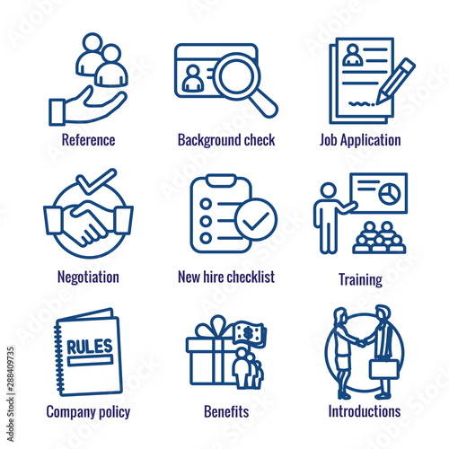 Hiring Process icon set with Benefits, background check, introductions, etc