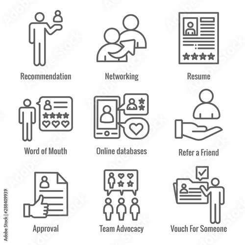 Employee Referral Process Icon Set with Networking, Recommendation, reference