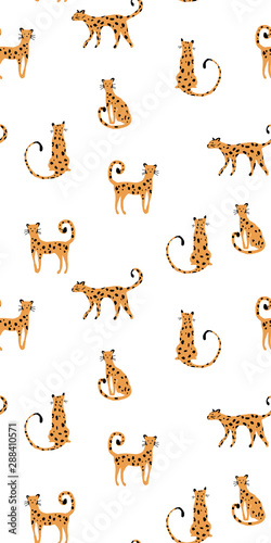 vector pattern with doodle leopards in possess on white background.
