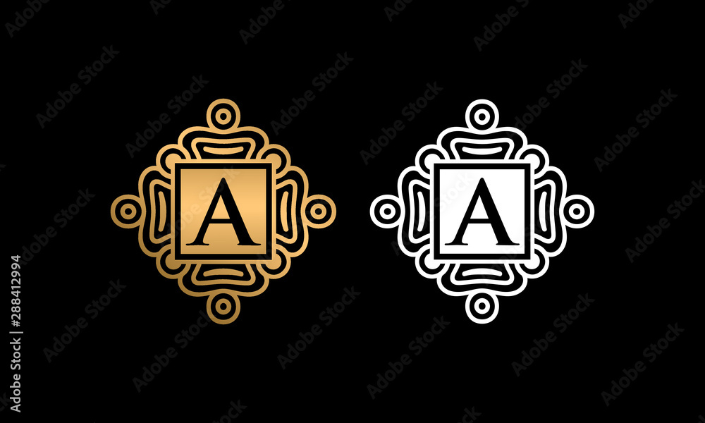 A letter initial logo design vector template, Letter A Logo Design With Square ornament, Gold and white ornament with A letter logo design, luxurious A letter logo,  A letter logo icon for beauty 