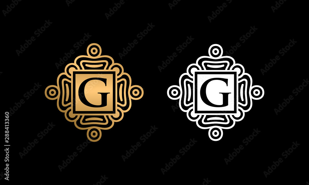 G letter initial logo design vector template, Letter G Logo Design With Square ornament, Gold and white ornament with G letter logo design, luxurious G letter logo, G letter logo icon for beauty G letter initial logo design vector template, Letter G Logo Design With Square ornament, Gold and white ornament with G letter logo design, luxurious G letter logo, G letter logo icon for beauty