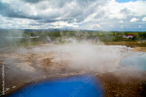 View of Geysir, geothermal volcanic area, tourist popular attraction, destination on Golden circle. Must visit place in Iceland