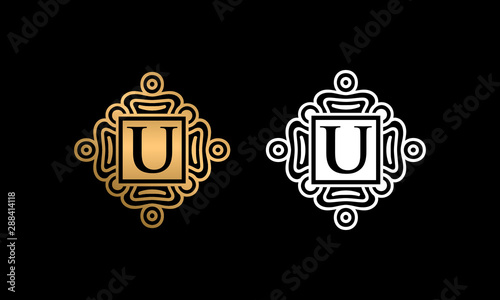U letter initial logo design vector template, Letter U Logo Design With Square ornament, Gold and white ornament with F letter logo design, luxurious U letter logo,  U letter logo icon for beauty