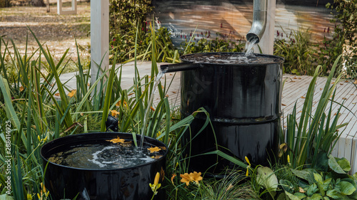 Rain water flows from a drainpipe to the metal barrel in garden in summer close up