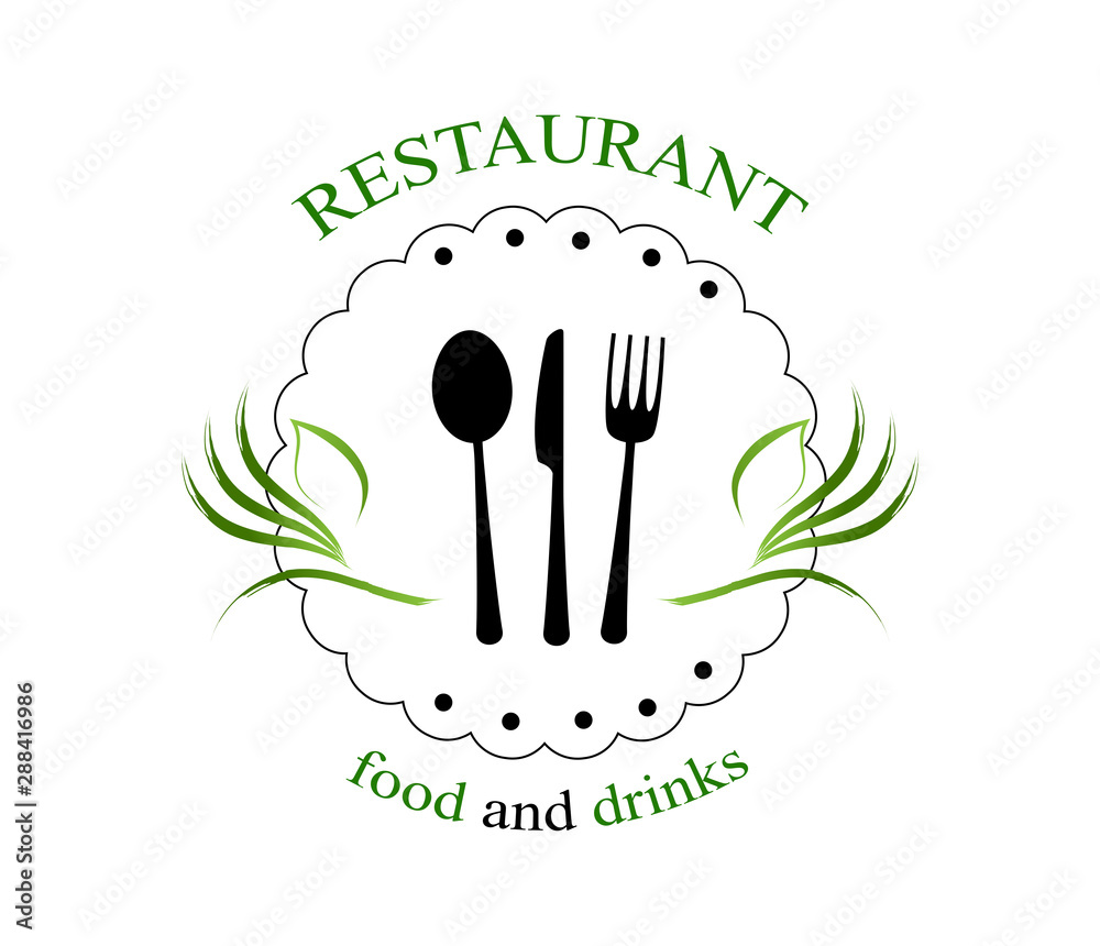 Vecteur Stock Food And Restaurant Logo - Isolated On White Background.  Vector Illustration For Cook, Kitchen, Bar, Spoon, Fork And Knife Logo.  Restaurant And Food Logo For Bistro, Cook Element, Sticker And