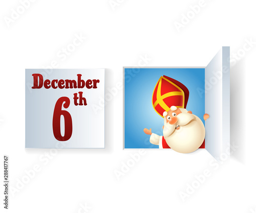 Saint Nicholas day at December on Advent calendar - closed and opened window - vector illustration isolated on transparent background