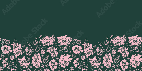 Sakura flowers, cherry blossoms delicate illustration in green and pink, horizontal frame border. Perfect for wedding invitations, packaging, web ads and banners and backgrounds