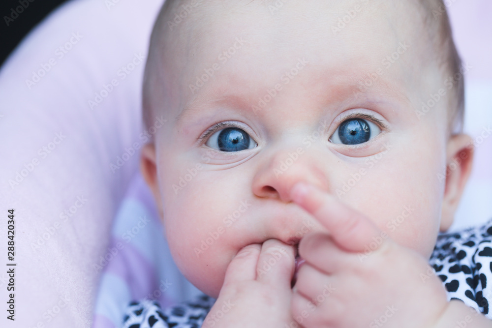 © Olga - Portrait of 5 Month Old Cute Baby Girl with Big Eyes, Infant , New family concept, The most Beautiful Baby Princesse, Happy Baby Girl, Funny Face Expression, Sucking Thumb, Finger, Toe