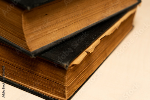 Old books on wooden table - Close up