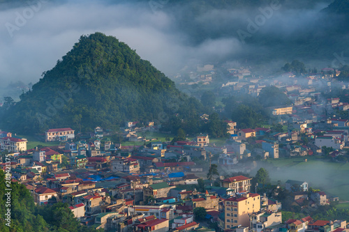 Beautiful rice paddy field of Fairy bosom or Twin Mountains, Nui Doi, Double Mountains is the travel destination and famous place in Tam Son town, Quan Ba, Ha Giang, Vietnam