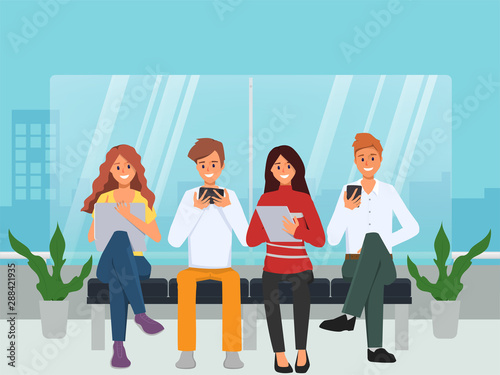 People using mobile phone for social media network communication background.