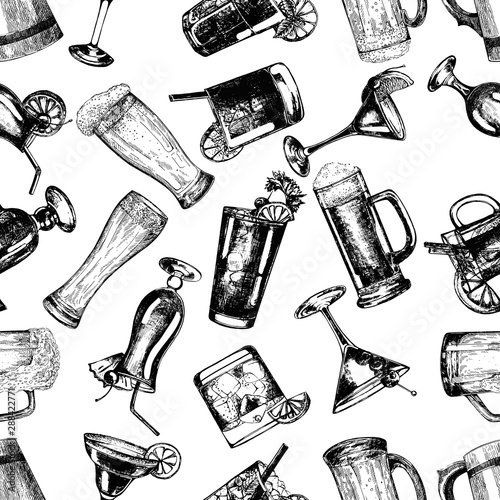 Seamless pattern of hand drawn sketch style beer and highball cocktails isolated on white background. Vector illustration.