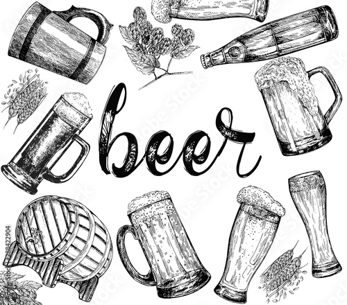 Poster/card composition of hand drawn sketch style beer related objects isolated on white background. Vector illustration.