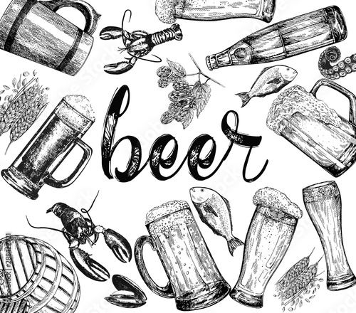 Poster/card composition of hand drawn sketch style beer related objects isolated on white background. Vector illustration.