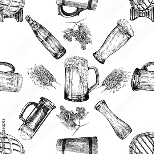 Seamless pattern of hand drawn sketch style beer mugs, bottles, barrels with malt and hops isolated on white background. Vector illustration.