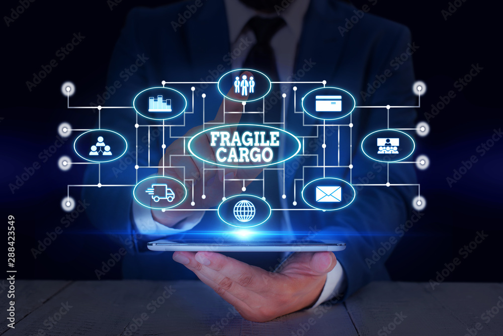 Text sign showing Fragile Cargo. Business photo text Breakable Handle with Care Bubble Wrap Glass Hazardous Goods Male human wear formal work suit presenting presentation using smart device Text sign showing Fragile Cargo. Business photo text Breakable Handle with Care Bubble Wrap Glass Hazardous Goods Male human wear formal work suit presenting presentation using smart device
