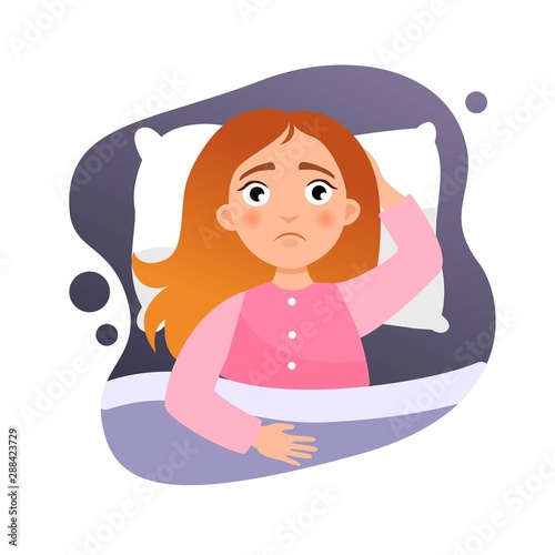 Illustration of a cute girl in the bed. Concept of insomnia.