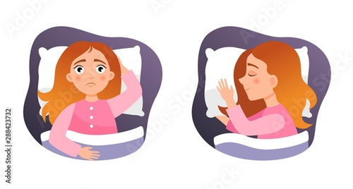 Illustration of a cute girl in the bed. Concept of insomnia and healthy sleep.