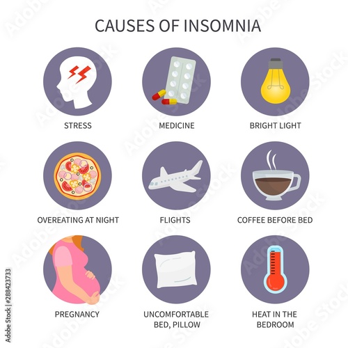 Vector medical poster insomnia. Reasons of the disease. 