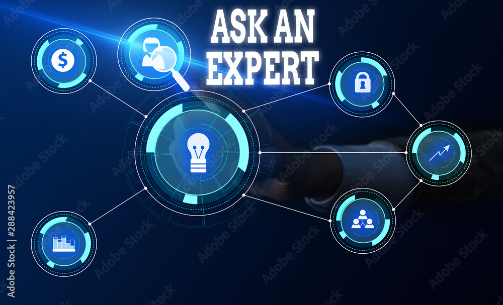 Conceptual hand writing showing Ask An Expert. Concept meaning consult someone who has skill about something or knowledgeable Woman wear work suit presenting presentation smart device Conceptual hand writing showing Ask An Expert. Concept meaning consult someone who has skill about something or knowledgeable Woman wear work suit presenting presentation smart device
