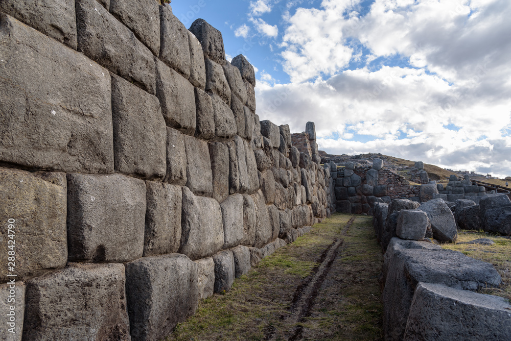 Sacsayhuaman, large fortress and temple complex by the Inca culture in the hills above Cusco, Peru, South America.