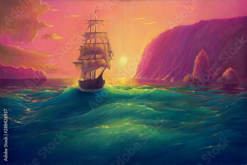 Fototapeta Obraz olejny na płótnie, morze pejzaż tło ze statkiem, statek w oceanie rysunek, jego sztuka ręcznie rysowane olejem
