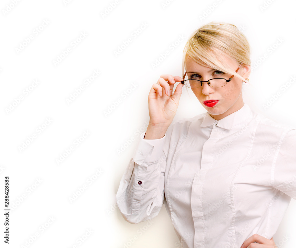 emotional businesswoman in glasses, blond hair on white background. teacher hands up posing isolated. pointing gesturing, lifestyle people concept close up emotional businesswoman in glasses, blond hair on white background. teacher hands up posing isolated. pointing gesturing, lifestyle people concept close up