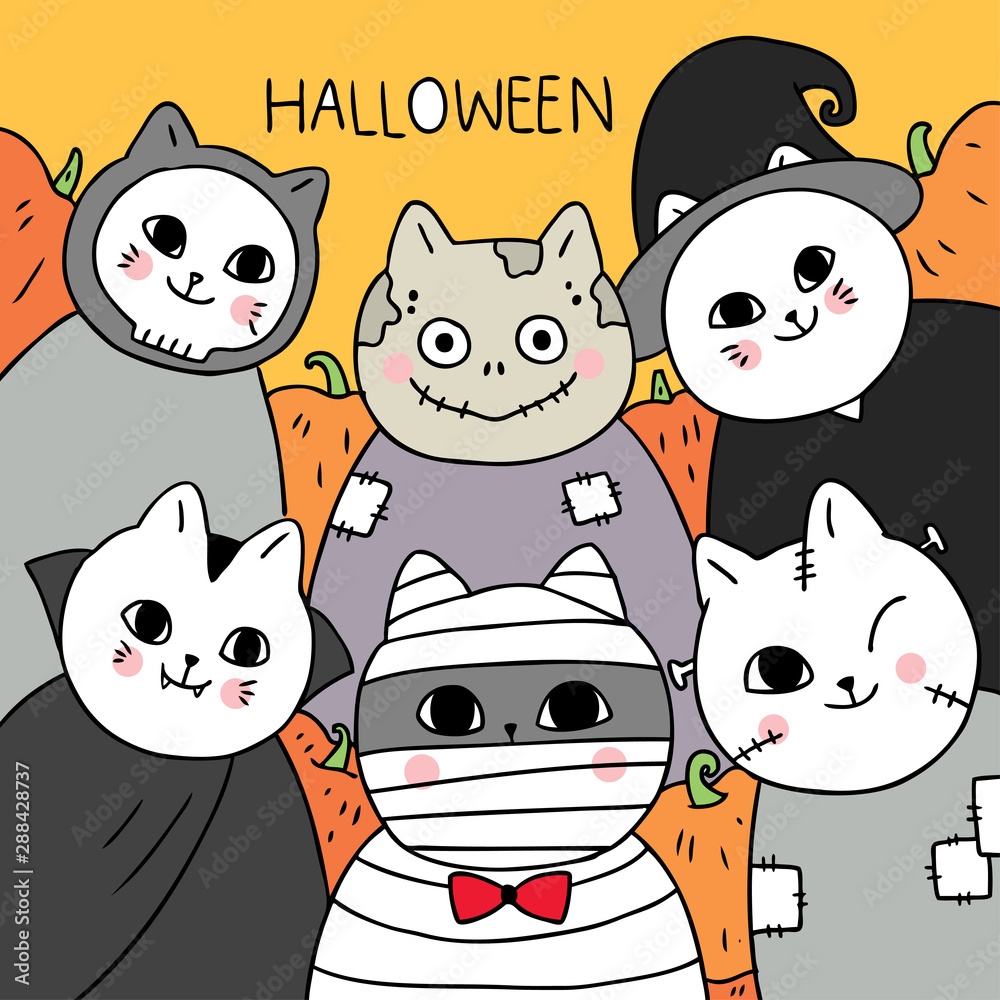 Cartoon cute Halloween, Mummy and vampire and zombie and ghost cat vector.  Stock Vector | Adobe Stock