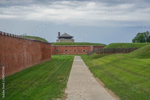 Porter, New York, USA: Ramparts and the North Redoubt on the 23-acre grounds of Old Fort Niagara, on a cloudy day.