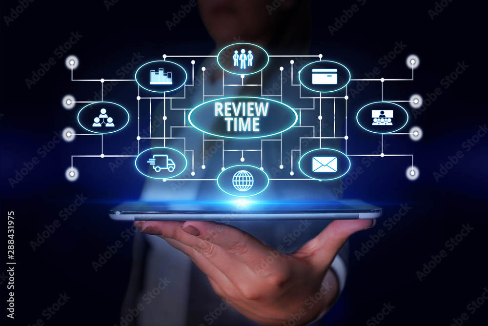 Obraz premium Word writing text Review Time. Business photo showcasing to think or talk about something again Set schedule to review Woman wear formal work suit presenting presentation using smart device