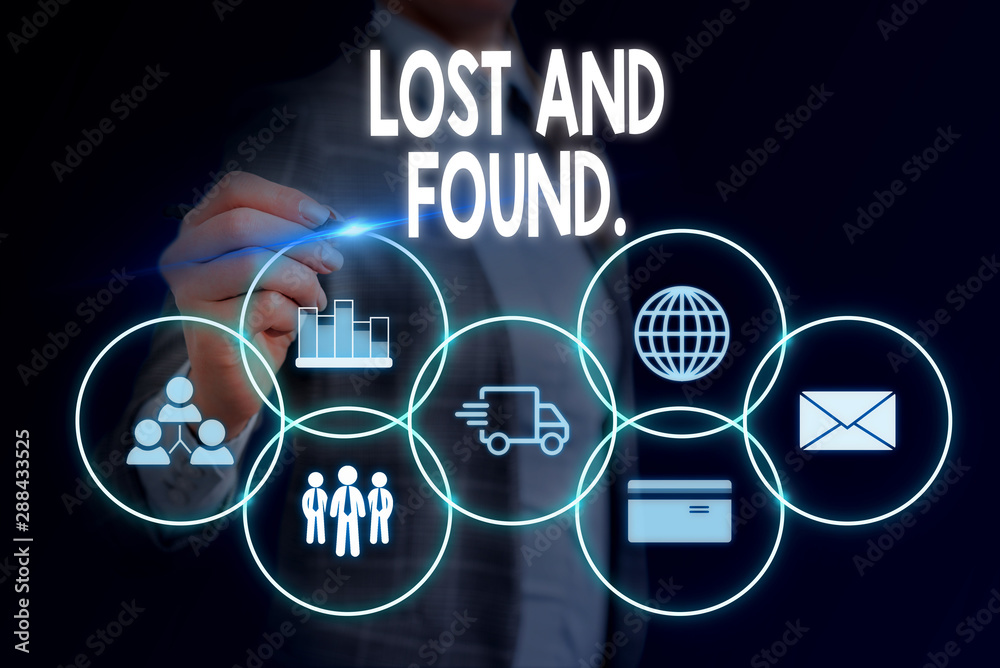 Word writing text Lost And Found. Business photo showcasing a place where lost items are stored until they reclaimed Woman wear formal work suit presenting presentation using smart device Word writing text Lost And Found. Business photo showcasing a place where lost items are stored until they reclaimed Woman wear formal work suit presenting presentation using smart device