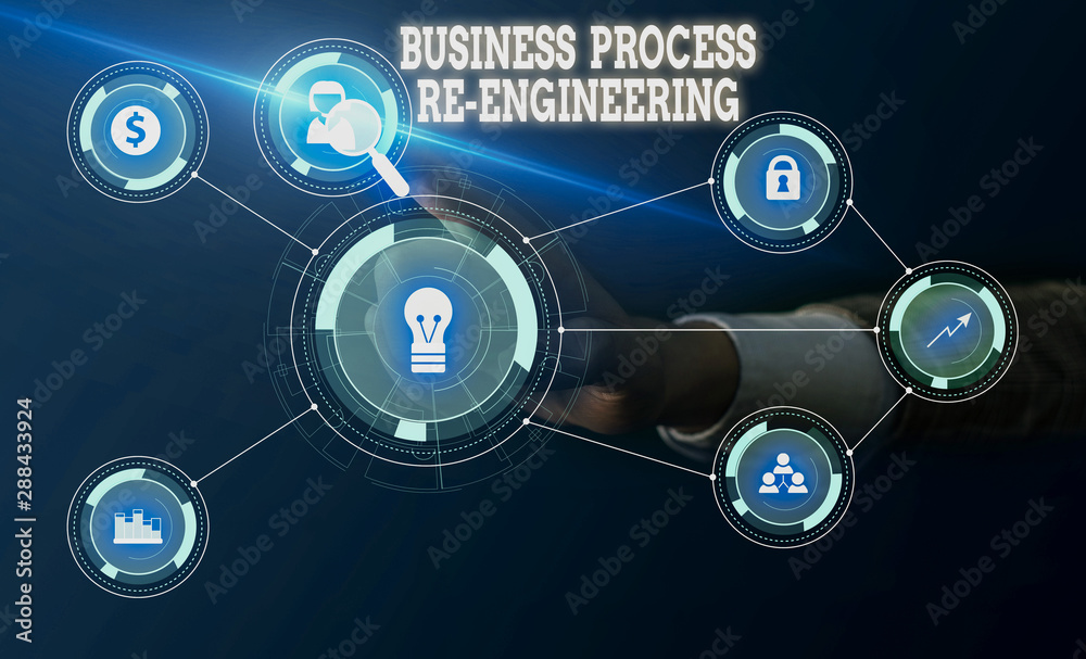 Obraz premium Conceptual hand writing showing Business Process Re Engineering. Concept meaning the analysis and design of workflows Woman wear work suit presenting presentation smart device