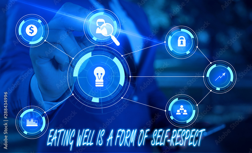 Writing note showing Eating Well Is A Form Of Self Respect. Business concept for a quote of promoting healthy lifestyle Male wear formal suit presenting presentation smart device Writing note showing Eating Well Is A Form Of Self Respect. Business concept for a quote of promoting healthy lifestyle Male wear formal suit presenting presentation smart device