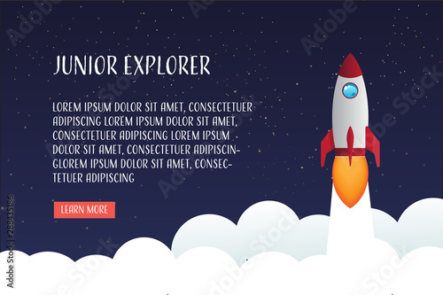 Fototapeta Naklejka Na Ścianę i Meble -  space rocket ship launch to sky with junior explorer text for website landing page