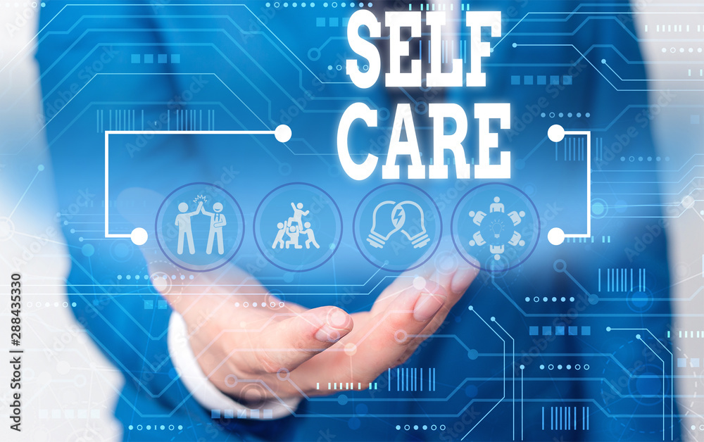 Handwriting text writing Self Care. Conceptual photo the practice of taking action to improve one s is own health Male human wear formal work suit presenting presentation using smart device Handwriting text writing Self Care. Conceptual photo the practice of taking action to improve one s is own health Male human wear formal work suit presenting presentation using smart device