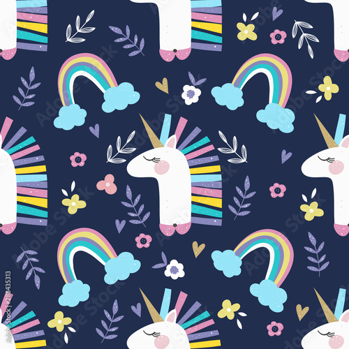Cute unicorn and rainbow childish vector pattern background. Design for fabric, wrapping, textile, wallpaper, apparel..