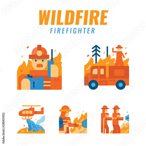 firefighters with wildfire. Flat design icons. vector illustration.