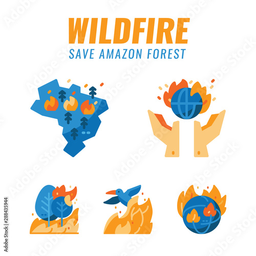 Save amazon forest and wild animals from wildfires. Flat design icons. vector illustration