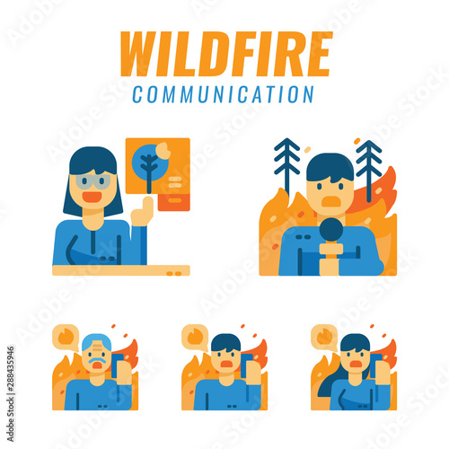 People reporting and sos calling about wildfire. Flat design icons. vector illustration.